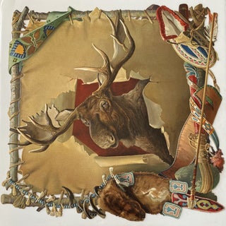 Item #1276 Large embossed paper die-cut of a Moose Head on a stretched skin with embellishments....