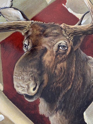 Large embossed paper die-cut of a Moose Head on a stretched skin with embellishments