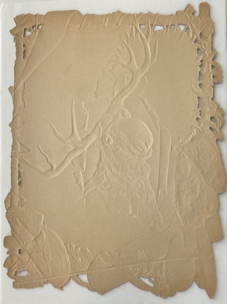 Large embossed paper die-cut of a Moose Head on a stretched skin with embellishments