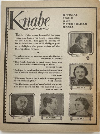 Der Rosenkavalier (The Rose-Bearer); Metropolitan Opera House Grand Opera, Edward Johnson, General Manager. Libretto, The Original Italian French or German Libretto with a Correct English Translation. Der Rosenkavalier, Fred. Rullman, Inc., 17 East 42nd Street, New York City. The Only Correct and Authorized Edition, Knabe Piano Used Exclusively.