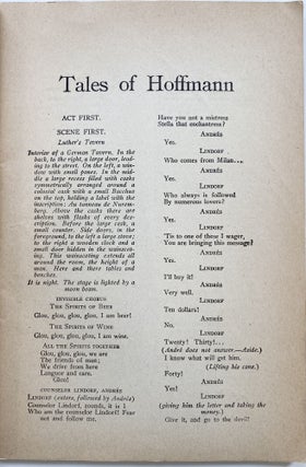 Contes d’Hoffmann (Tales of Hoffmann), Opera in Three Acts with a Prologue and an Epilogue, First presented at the Paris Opera, February 10, 1881; Metropolitan Opera House Grand Opera, Edward Johnson, General Manager. Libretto, The Original Italian French or German Libretto with a Correct English Translation. Les Contes D’Hoffmann, Fred. Rullman, Inc., 17 East 42nd Street, New York City. The Only Correct and Authorized Edition, Knabe Piano Used Exclusively.