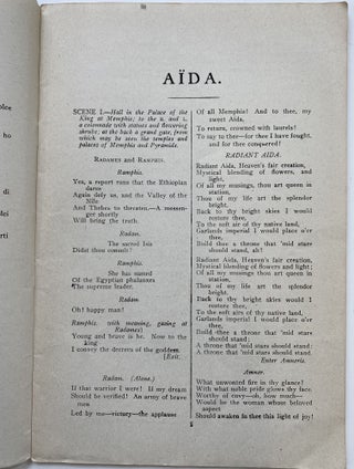 Aida, An Opera in Four Acts; Metropolitan Opera House Grand Opera, Edward Johnson, General Manager. Libretto, The Original Italian French or German Libretto with a Correct English Translation. Aida. Fred. Rullman, Inc., 17 East 42nd Street, New York City. The Only Correct and Authorized Edition, Knabe Piano Used Exclusively.