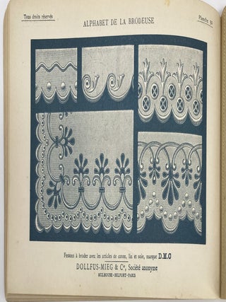 Alphabet de la Brodeuse, Lettres Chiffres, Monogrammes et Ornements a points comptes suivis d’une série de modèles avec calques pour broderie de blanc, Bibliothèque D.M.C.; English: Embroidery Alphabet, Letters, Numbers, monograms and Ornaments with counted stitches followed by a series of examples with transfers for white embroidery, D.M.C. Library.