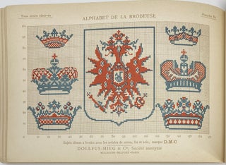 Alphabet de la Brodeuse, Lettres Chiffres, Monogrammes et Ornements a points comptes suivis d’une série de modèles avec calques pour broderie de blanc, Bibliothèque D.M.C.; English: Embroidery Alphabet, Letters, Numbers, monograms and Ornaments with counted stitches followed by a series of examples with transfers for white embroidery, D.M.C. Library.