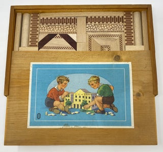 Vintage German Child’s Wood Architectural Building Blocks in Wood Case with Sliding top