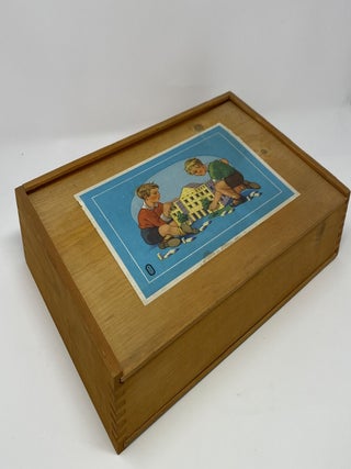 Vintage German Child’s Wood Architectural Building Blocks in Wood Case with Sliding top