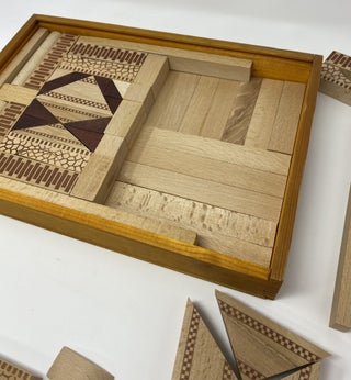 Vintage German Child’s Wood Architectural Building Blocks in Wood Case with Sliding top