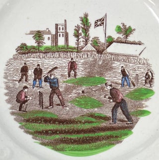 Item #1723 Unmarked Staffordshire Child's ABC Plate with a Cricket Match color transfer
