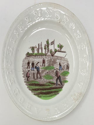 Unmarked Staffordshire Child's ABC Plate with a Cricket Match color transfer