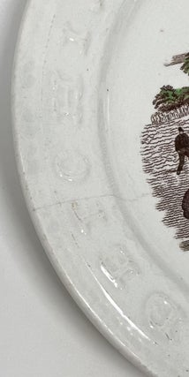 Unmarked Staffordshire Child's ABC Plate with a Cricket Match color transfer
