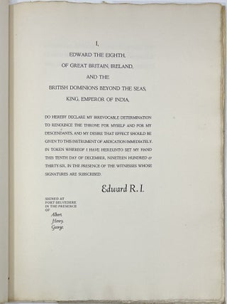Farewell Speech of King Edward the Eighth Broadcast from Windsor Castle the Tenth Day of December, MCMXXXVI, with the Instrument of Abdication & A Note by William Saroyan