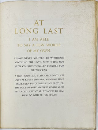 Farewell Speech of King Edward the Eighth Broadcast from Windsor Castle the Tenth Day of December, MCMXXXVI, with the Instrument of Abdication & A Note by William Saroyan