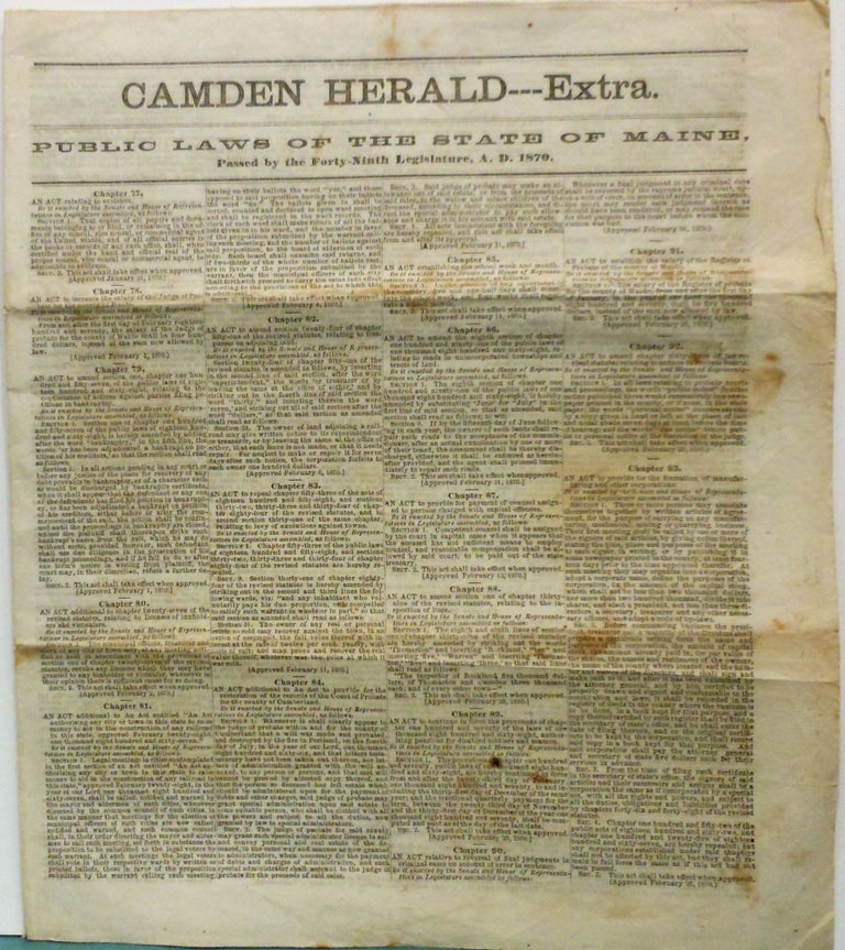 Item #26 Camden Herald--Extra, Public Laws of the State of Maine, Passed by the Forty-Ninth Legislature, A.D. 1870. Camden Herald Newspaper.