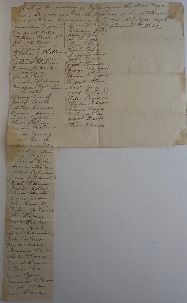 Item #546 Roll of the company of Infantry in the third Regiment, Second Brigade and Fourth Division of the Militia in the State of Maine Commanded by George McIntyer, Capt. Corrected on the 9th of Sept. 1828.