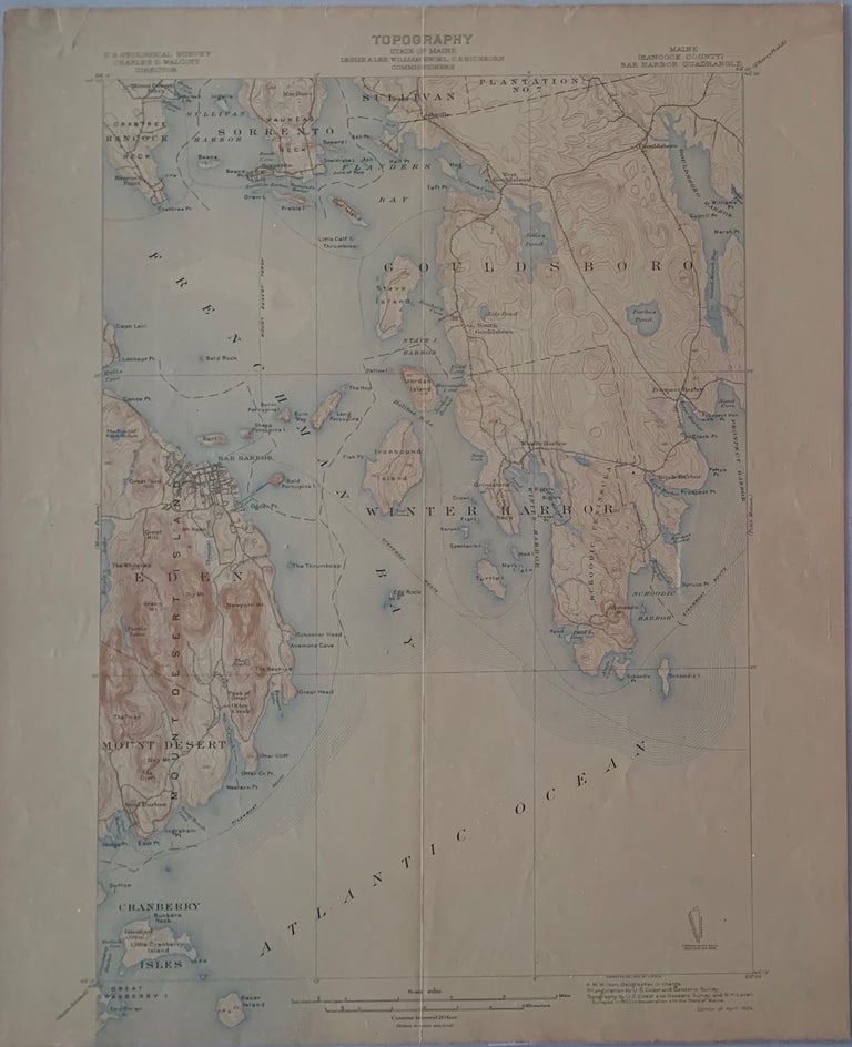 Item #662 Maine (Hancock County), Bar Harbor Quadrangle, Topography, State of Maine, U.S. Geological Survey, Charles D. Walcott, Director. Leslie A. LEE, Comissioners, C. S. HICHBORN, William ENGEL, 1903 Topographic Survey Comissioners.