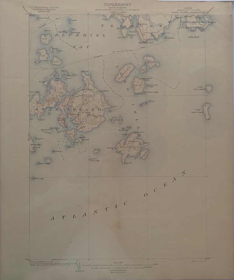 Item #672 Maine (Hancock County), Swan Island Quadrangle, Topography, State of Maine, U.S. Geological Survey, Charles D. Walcott, Director. Leslie A. LEE, Commissioners, C. S. HICHBORN, William ENGEL, 1903 Topographic Survey Commissioners.