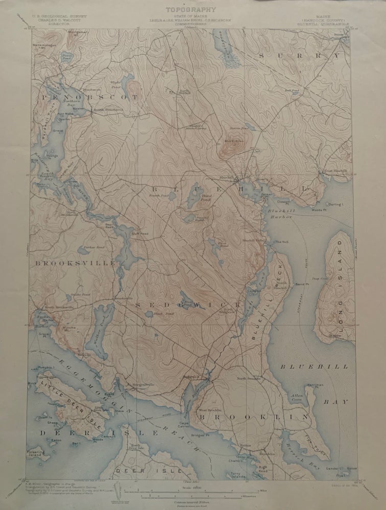 Item #673 Maine (Hancock County), Bluehill Quadrangle, Topography, State of Maine, U.S. Geological Survey, Charles D. Walcott, Director. Leslie A. LEE, Commissioners, C. S. HICHBORN, William ENGEL, 1903 Topographic Survey Commissioners.