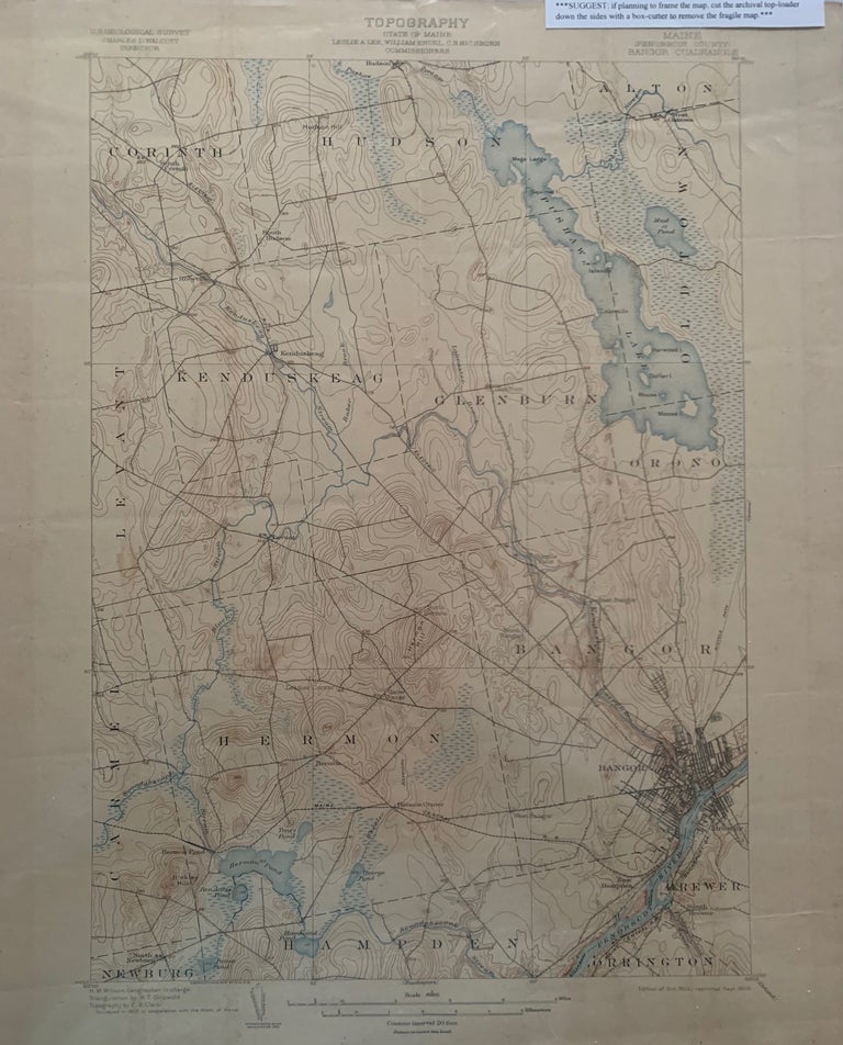 Item #675 Maine (Penobscot County) Bangor Quadrangle, Topography, State of Maine, U.S. Geological Survey, Charles D. Walcott, Director. Leslie A. LEE, Commissioners, C. S. HICHBORN, William ENGEL, 1903 Topographic Survey Commissioners.