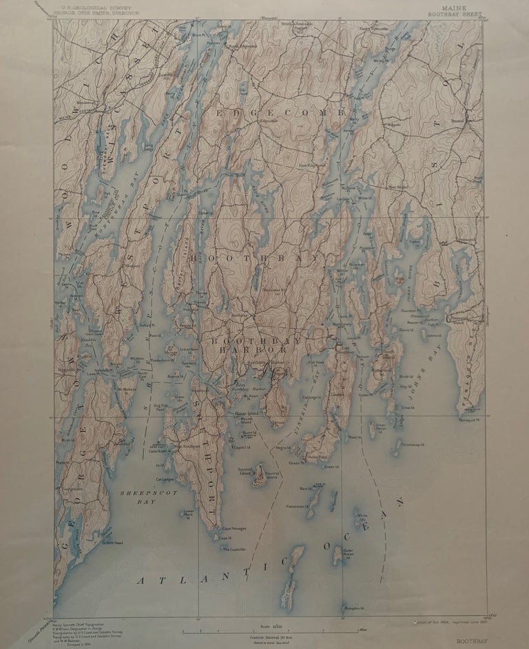 Item #676 Maine, Boothbay Sheet, Topography, State of Maine, U.S. Geological Survey, George Otis Smith, Director. Leslie A. LEE, Commissioners, C. S. HICHBORN, William ENGEL, 1903 Topographic Survey Commissioners.