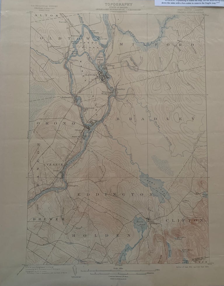 Item #678 Maine (Penobscot County) Orono Quadrangle, Topography, State of Maine, U.S. Geological Survey, Charles D. Walcott, Director. Leslie A. LEE, Commissioners, C. S. HICHBORN, William ENGEL, 1903 Topographic Survey Commissioners.
